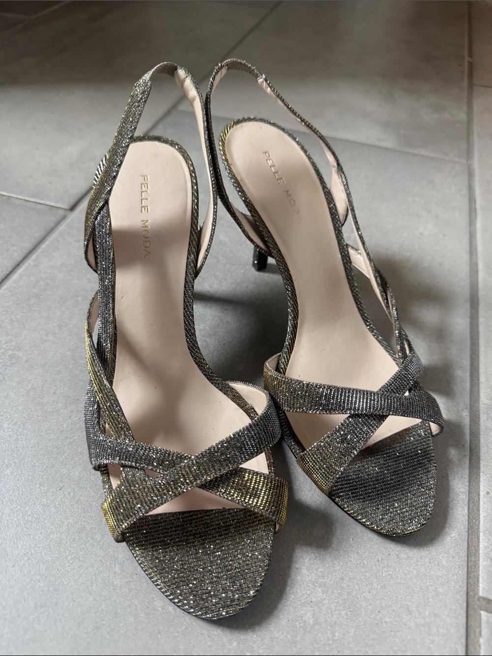 Pelle Moda Glittery Crisscross Slingback Heels in Silver and Gold